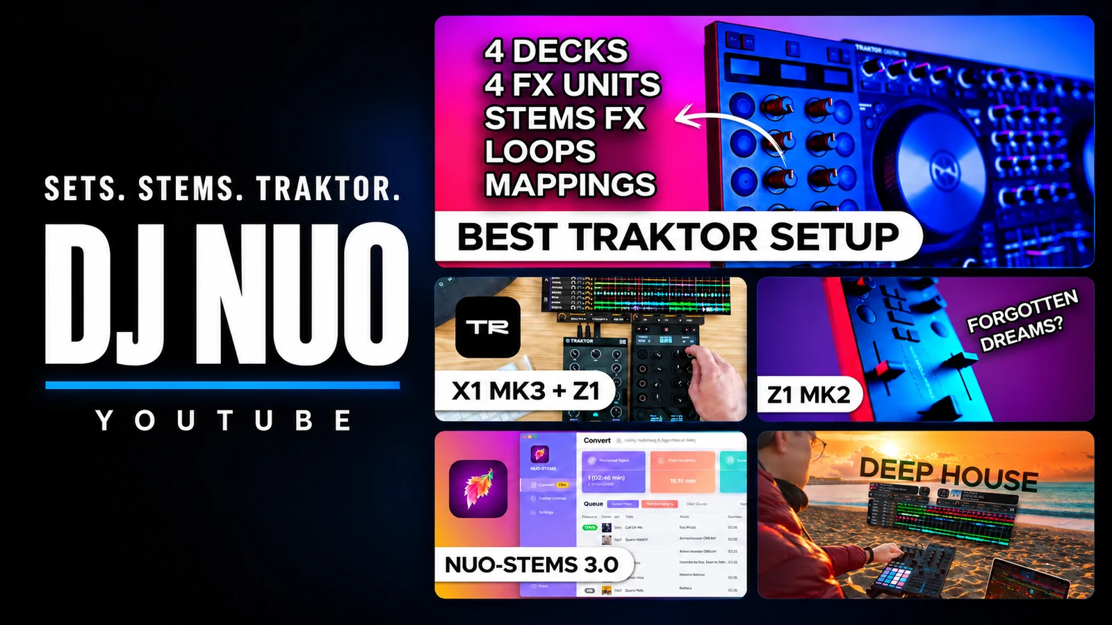 DJ NUO YouTube cover with Best Traktor Setup, X1 MK3 and Z1 performance, Z1 MK2 review, NUO-STEMS 3.0, and a Deep House sunset beach mix.