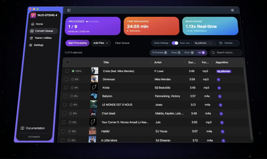 NUO-STEMS 4 interface with a queue of tracks being separated into stems